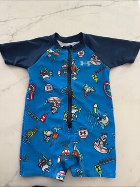 Under Armour Blue & Navy Shark Print Zip Front Kids Swim Romper